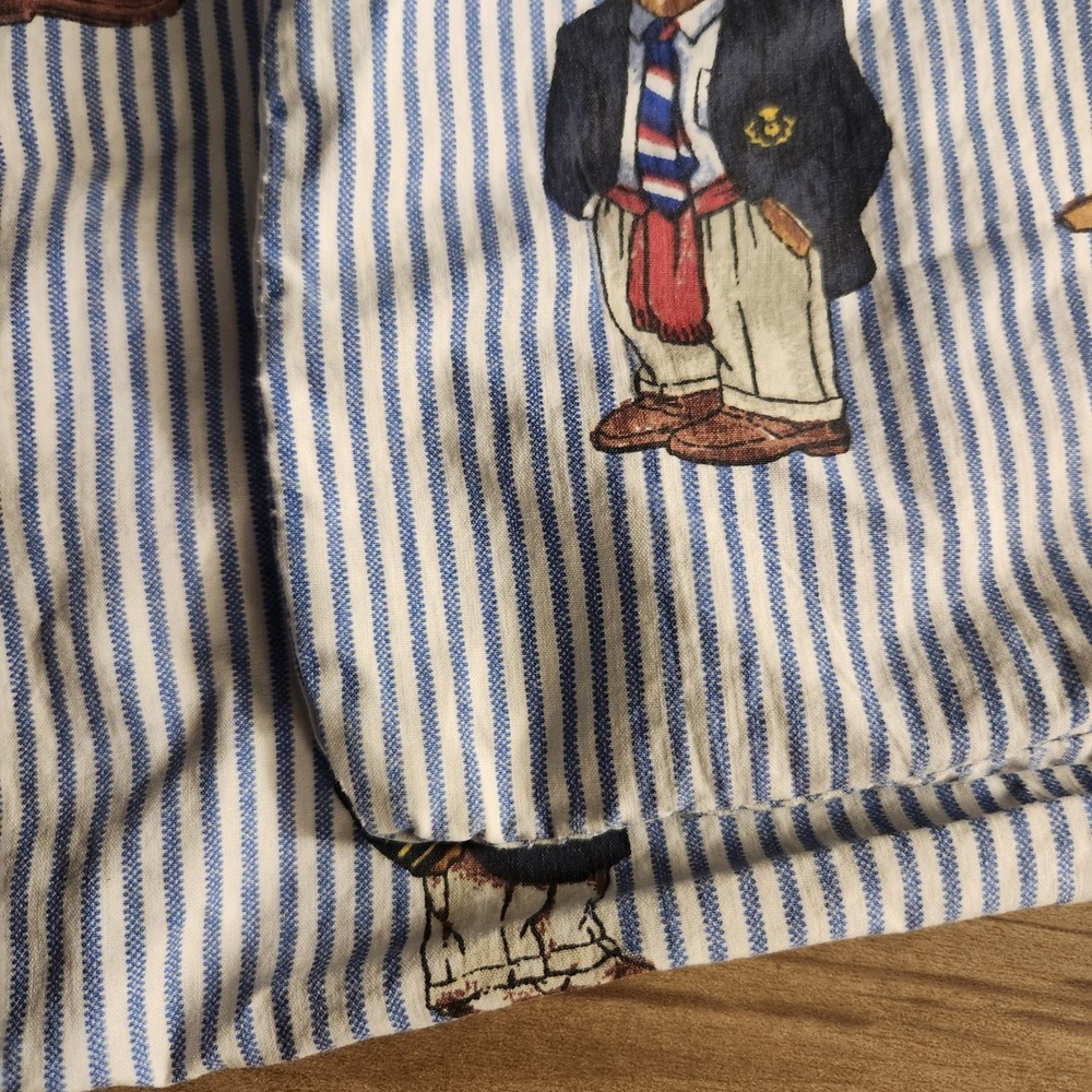 Vintage Ralph Lauren Polo Bear Pillowcase Set Blue White Stripe Cotton USA Made - Picture 3 of 5